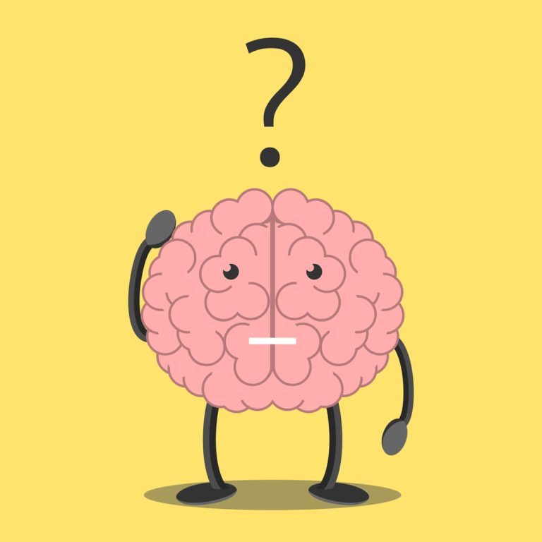 Confused brain character scratching head in bewilderment and question mark