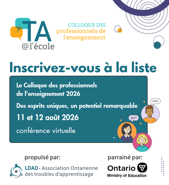 Colloque des professionnels de l’enseignement 2026, bannière « Inscrivez-vous à la liste » avec les dates du 11 et 12 août 2026 et des illustrations de professionnels de l’éducation discutant ensemble.