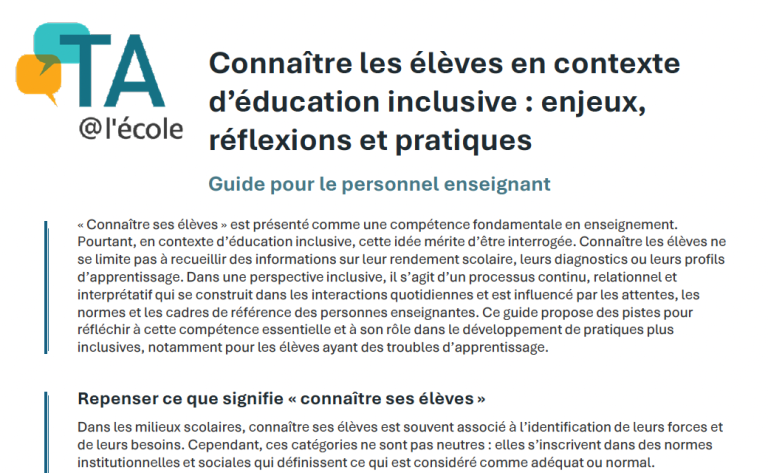 Connaître les élèves en contexte d’éducation inclusive : enjeux, réflexions et pratiques 